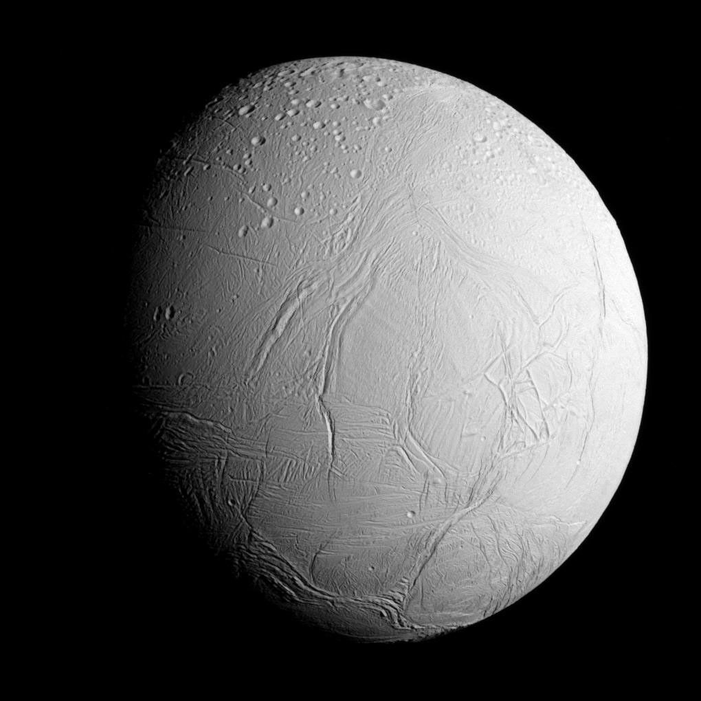 Enceladus’s cratered and fractured icy surface photographed by Cassini